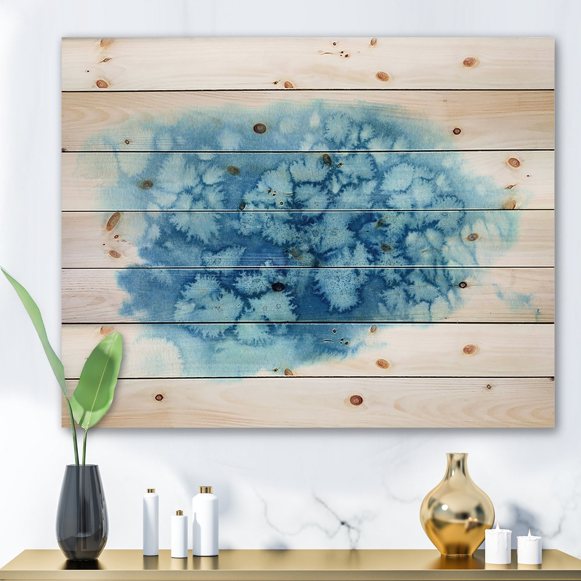 Designart 'Abstract Blue Turquoise Cloud' Modern Print on Natural Pine Wood