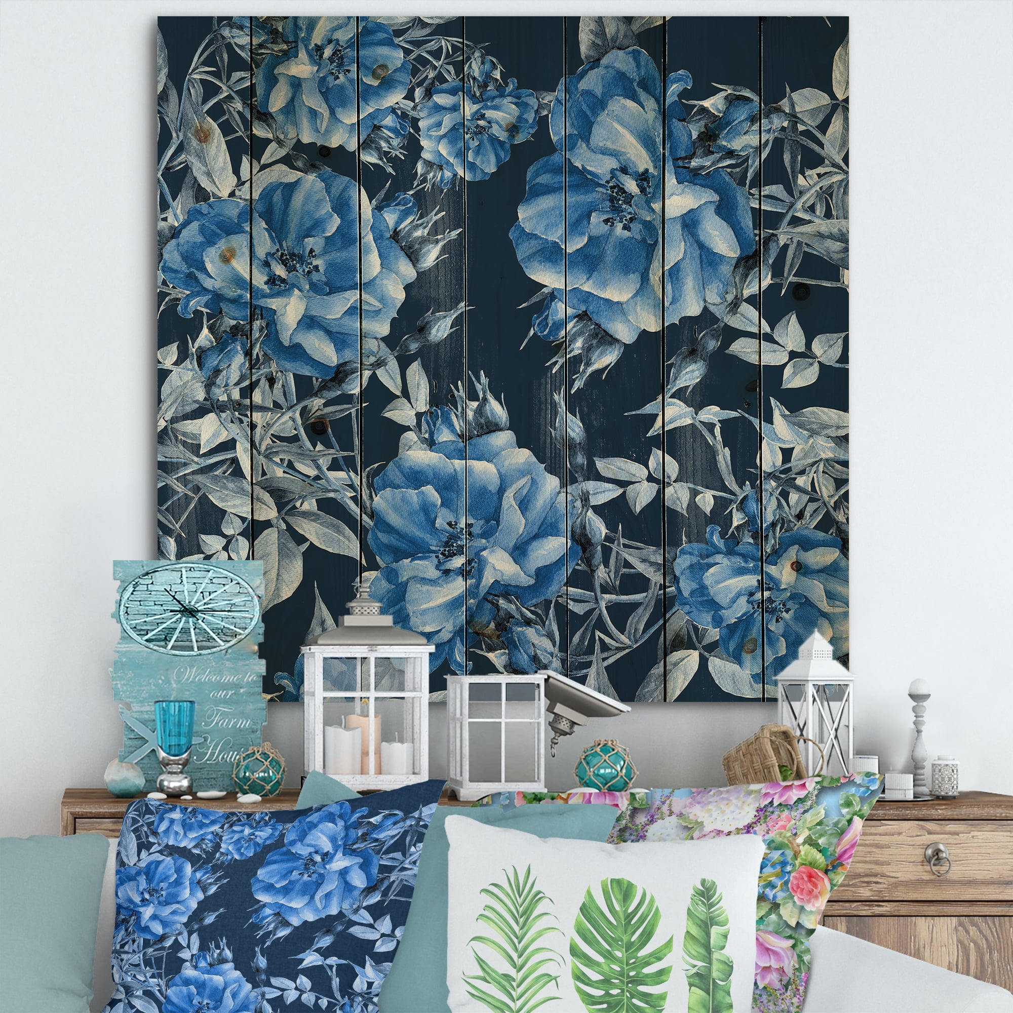 Designart 'Abstract Blue Wildflowers' Modern Print on Natural Pine Wood