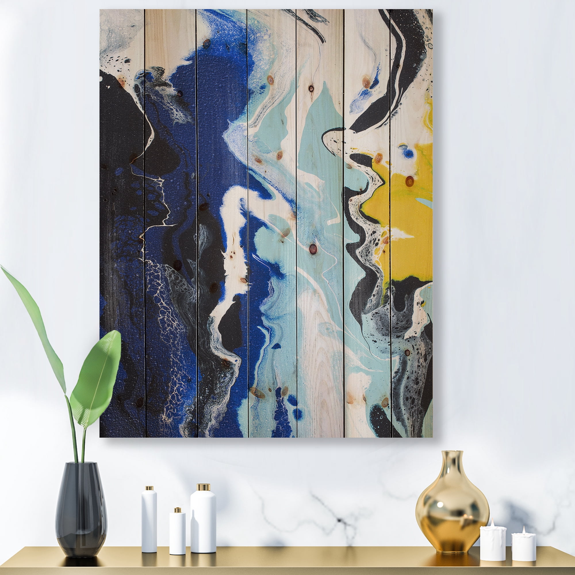 Designart 'Abstract Blue and Yellow Waves' Modern Print on Natural Pine Wood
