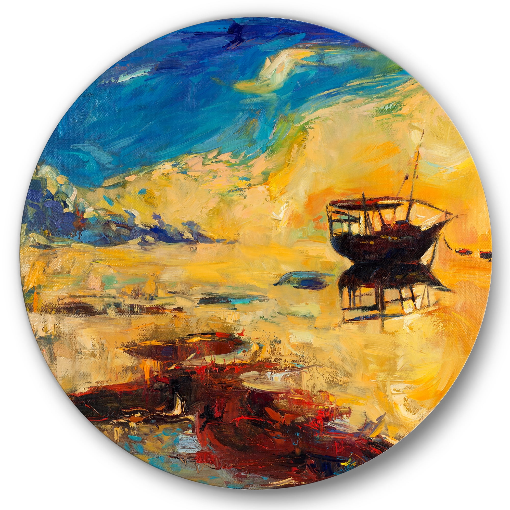 Designart 'Abstract Boat At The Ocean Horizon During Sunset' Nautical & Coastal Circle Metal Wall Art 36x36 - Disc of 36