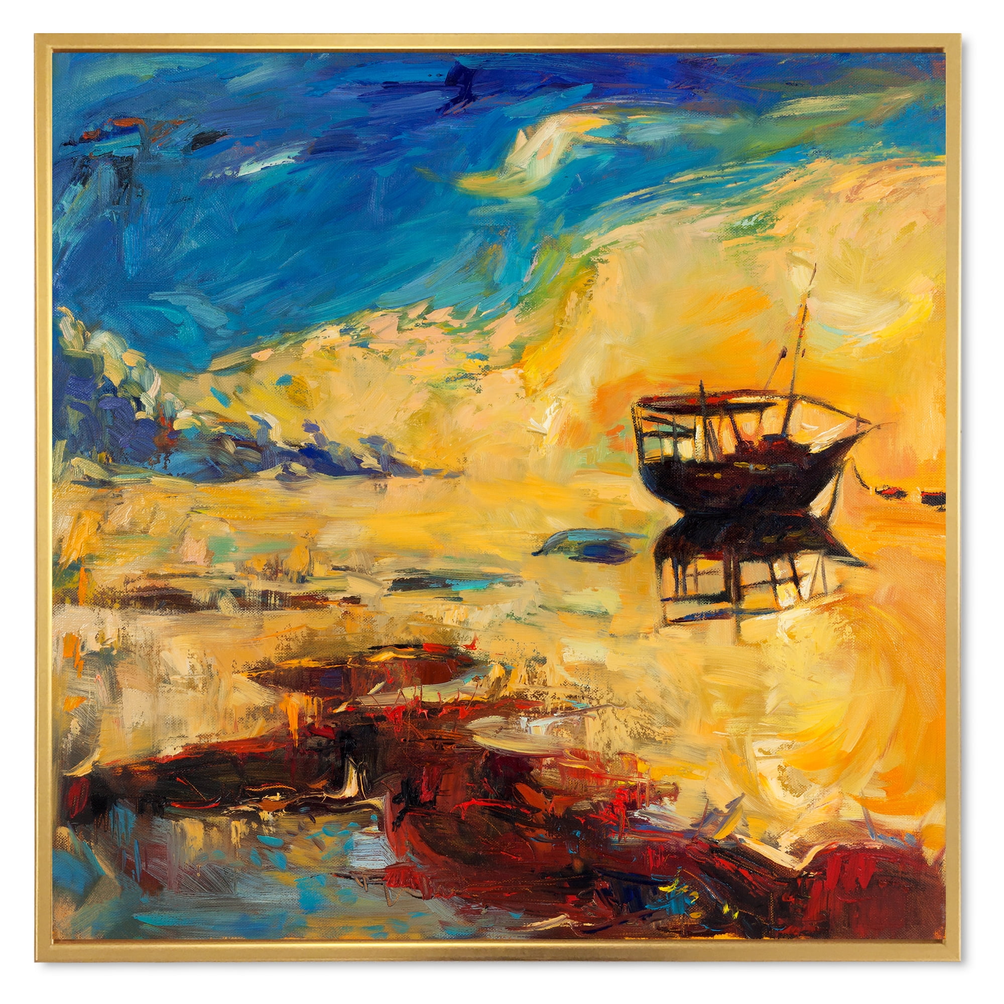 Designart 'Abstract Boat At The Ocean Horizon During Sunset' Nautical & Coastal Framed Canvas Wall Art Print