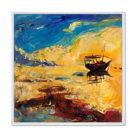 Designart 'Abstract Boat At The Ocean Horizon During Sunset' Nautical & Coastal Framed Canvas Wall Art Print