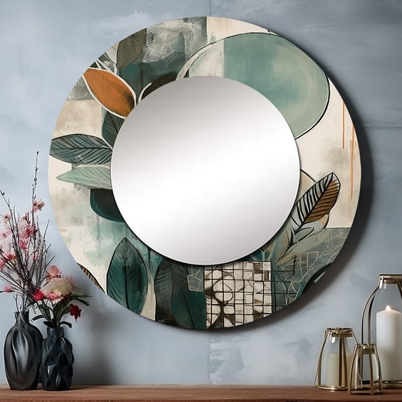 Designart "Abstract Bohemia Orange And Green I" Boho Feather Rund Mirror For Wall Decor - Large Orange Round Print Mirror - Round Traditional Mirror - Wall Mounted Round Large Mirror - 29" x 29"