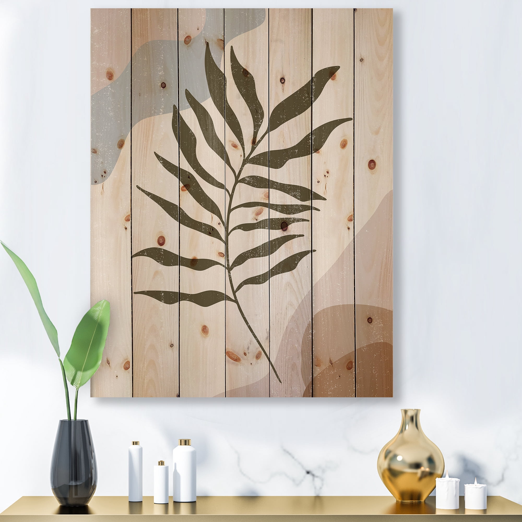 Designart 'Abstract Botanical Minimalist Leaf In Earth Tones I' Modern Print on Natural Pine Wood