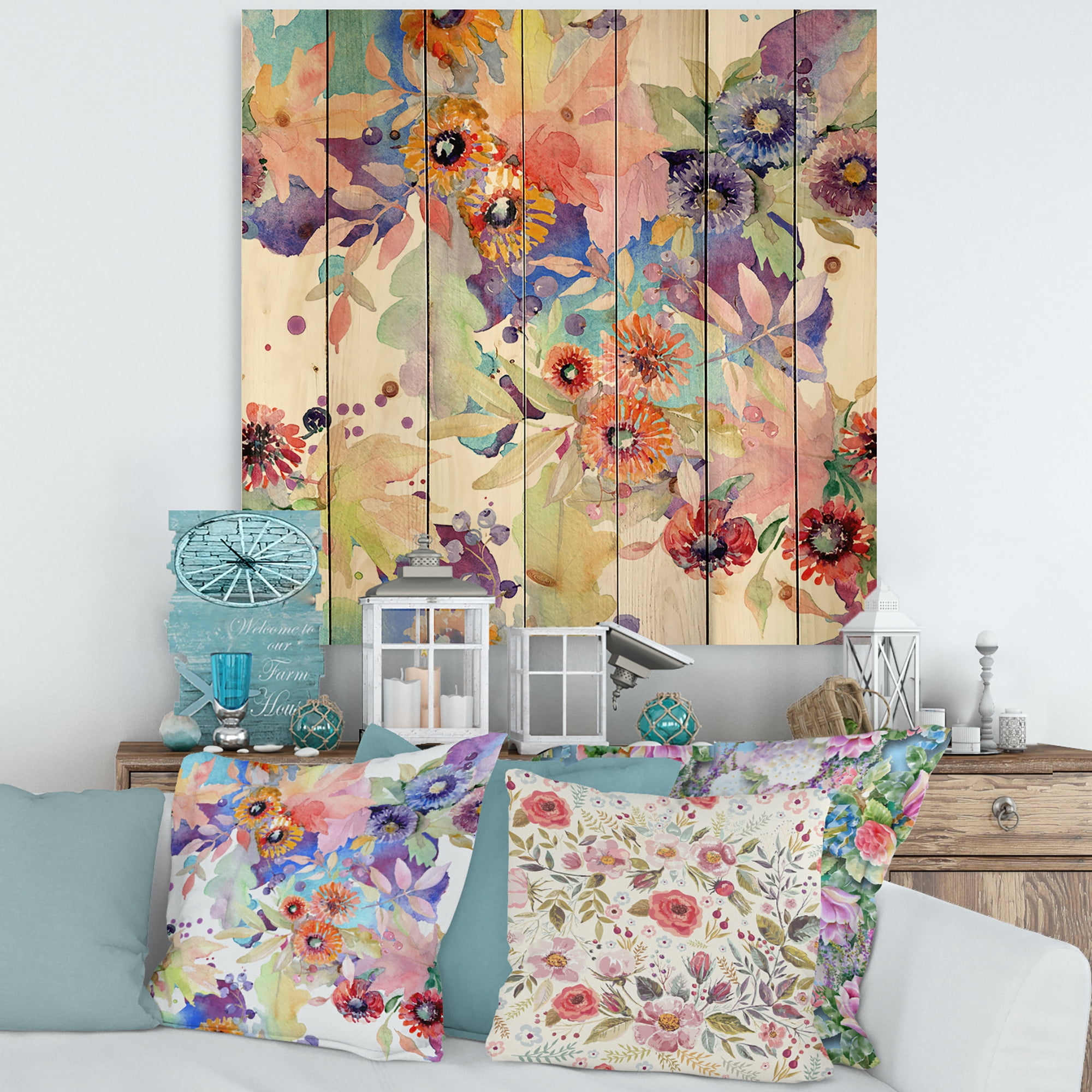 Designart 'Abstract Bouquet Floral Botanical Flowers' Modern Print on Natural Pine Wood