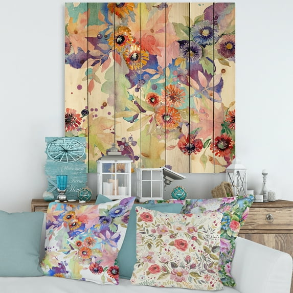 Designart 'Abstract Bouquet Floral Botanical Flowers' Modern Print on Natural Pine Wood