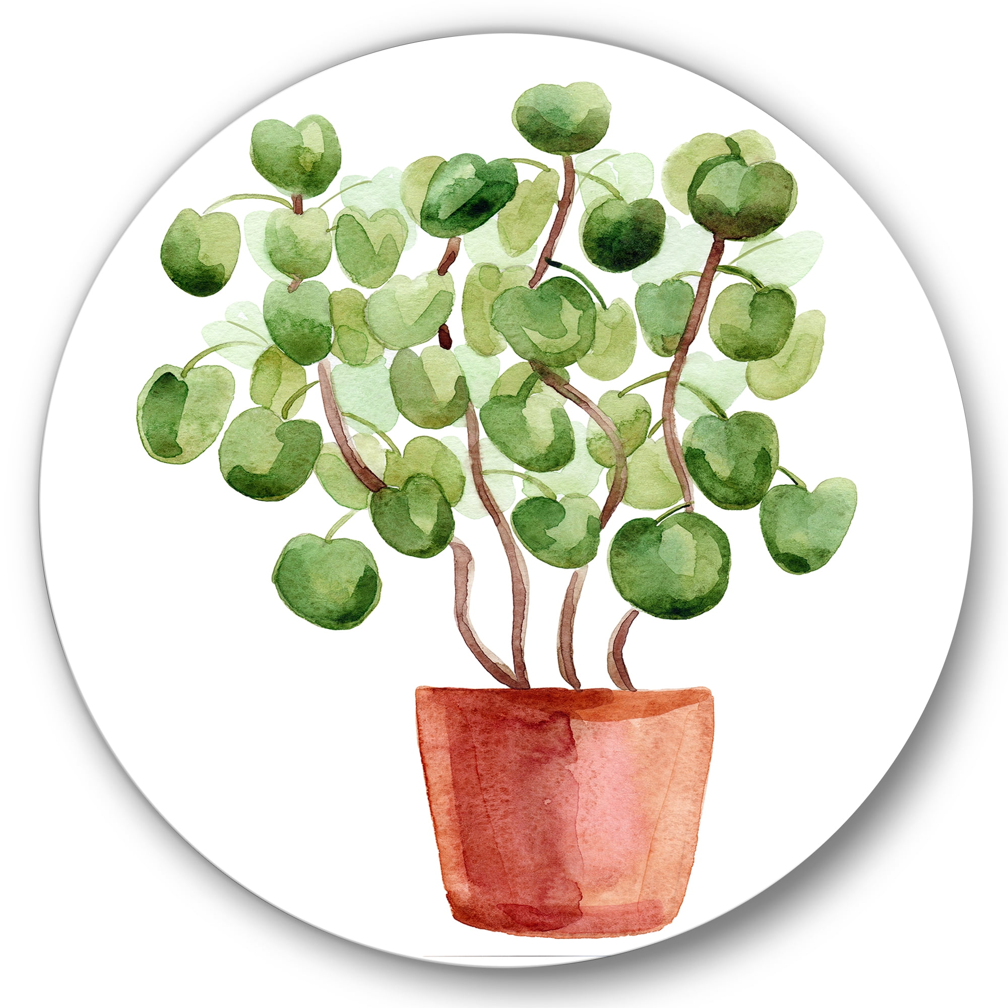 Designart 'Abstract Chinese Money Plant In Pot' Traditional Circle Metal Wall Art 23x23 - Disc of 23