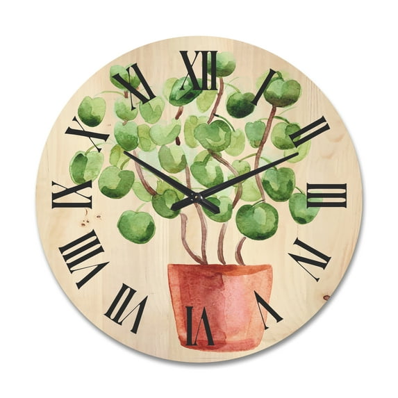 Designart 'Abstract Chinese Money Plant In Pot' Traditional Wood Wall Clock