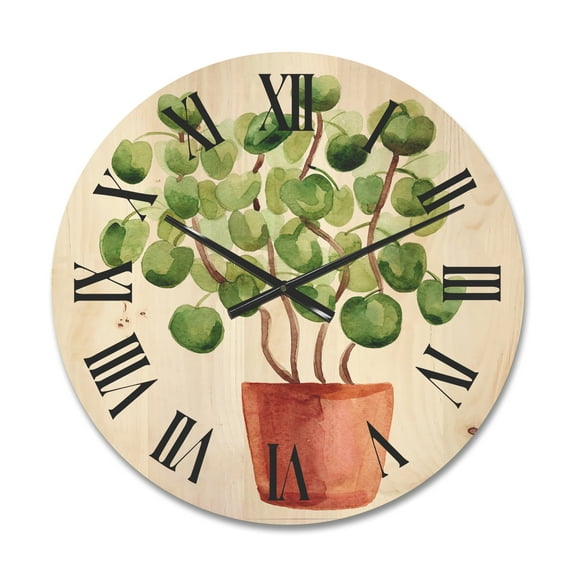Designart 'Abstract Chinese Money Plant In Pot' Traditional Wood Wall Clock