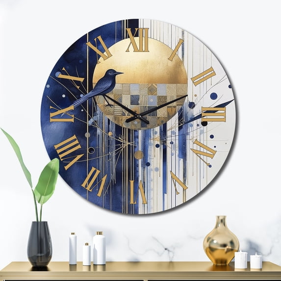 Designart "Abstract Circle Texture in Dark Blue and Gold IV" Modern Geometric Oversized Wall Clock