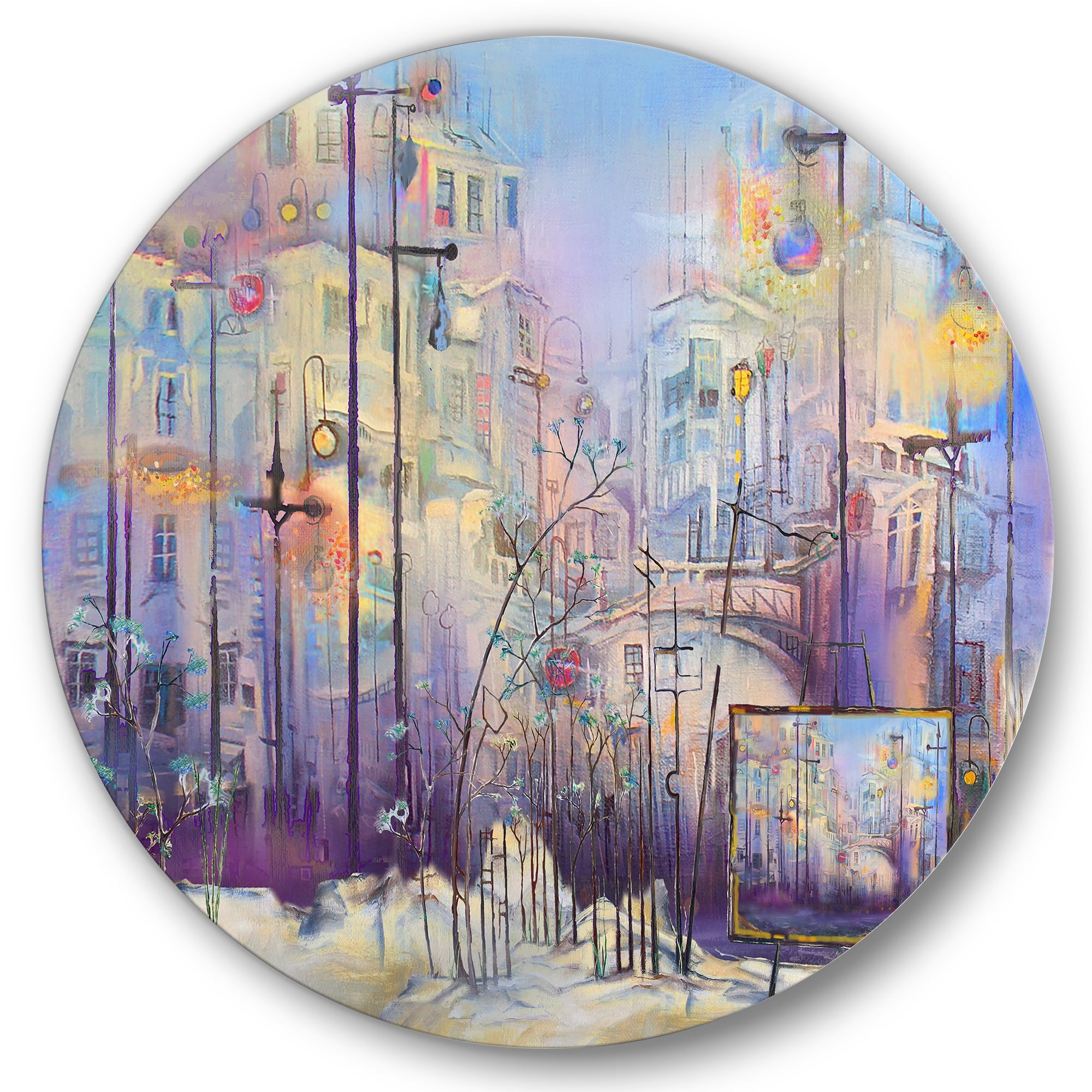 Designart 'Abstract Cityscape With Pastel ' Modern Circle Metal Wall Art 23x23 - Disc of 23