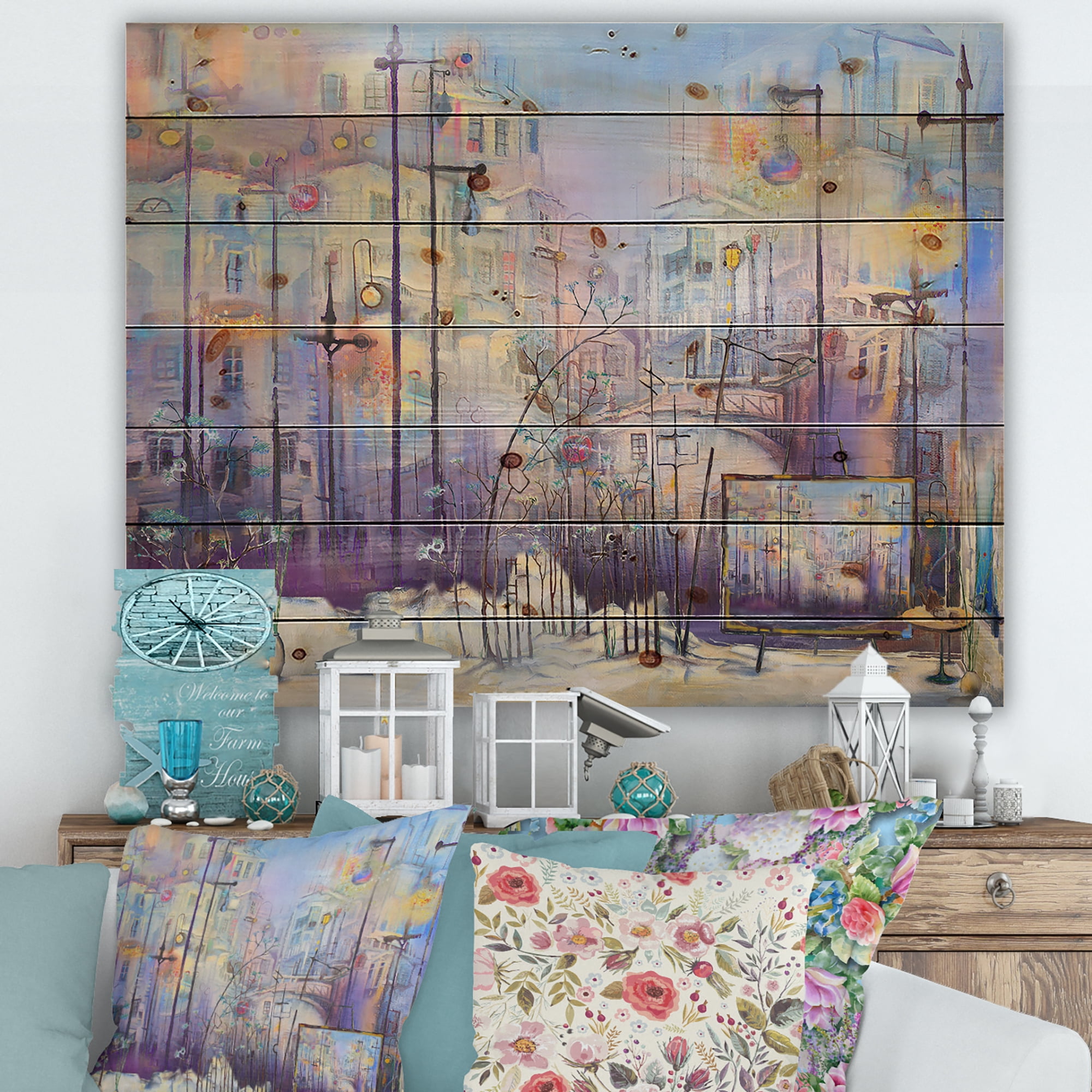 Designart 'Abstract Cityscape With Pastel ' Modern Print on Natural Pine Wood