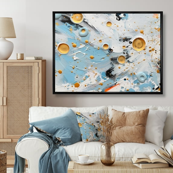 Designart "Abstract Clash Of Teal, White, And Gold I" Abstract Shapes Floater Framed Wall Decor