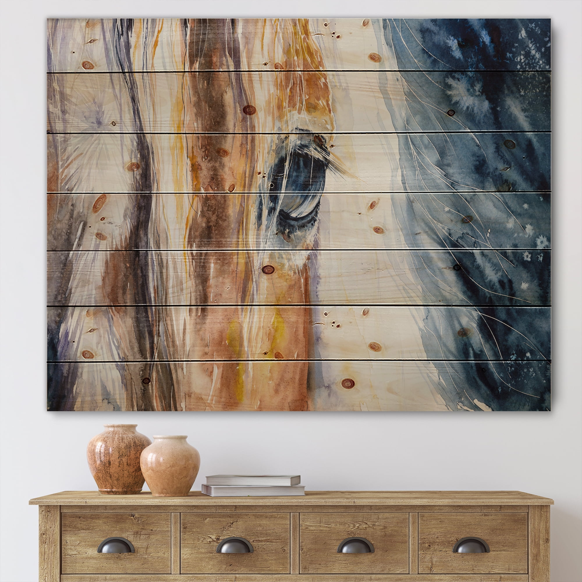 Designart 'Abstract Close-Up of A Beautiful Horses Eye I' Farmhouse Print on Natural Pine Wood