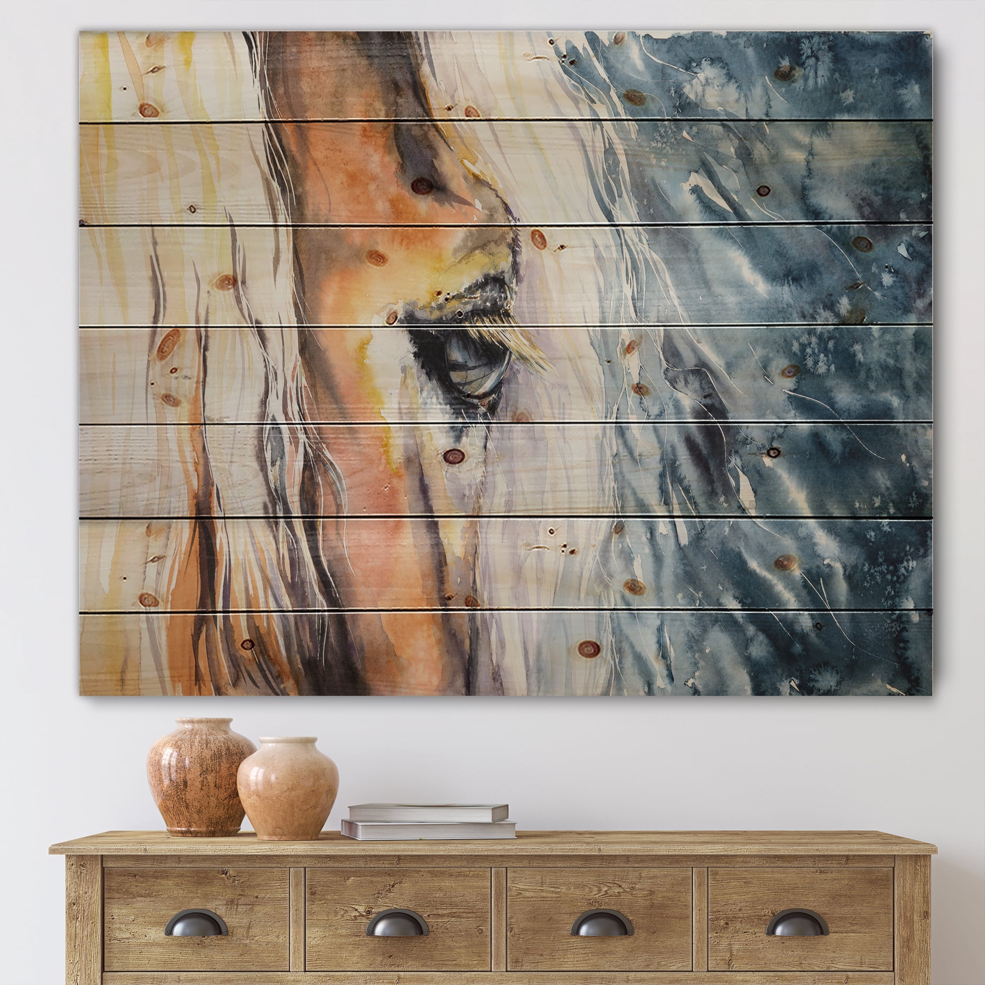 Designart 'Abstract Close-Up of A Beautiful Horses Eye II' Farmhouse Print on Natural Pine Wood