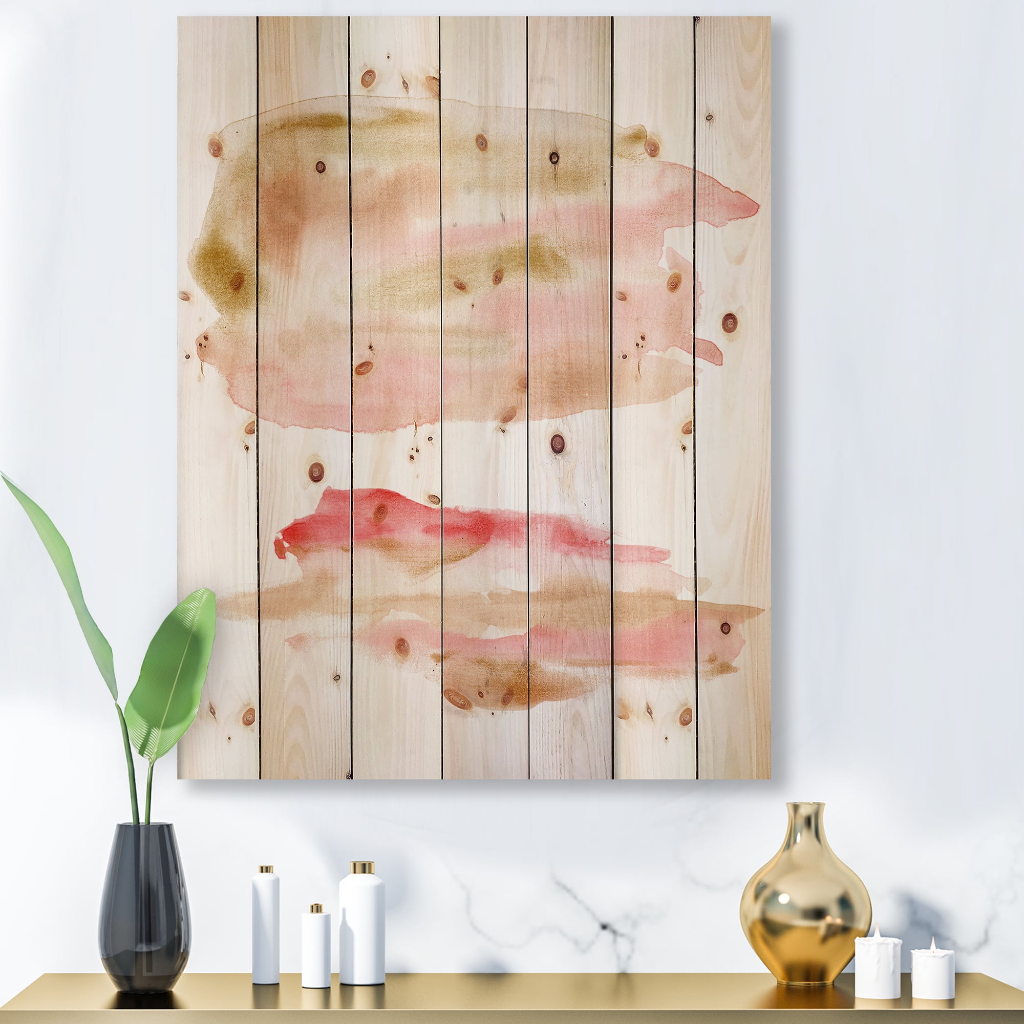 Designart 'Abstract Clouds Set With Pink Gold Beige and Red' Modern Print on Natural Pine Wood