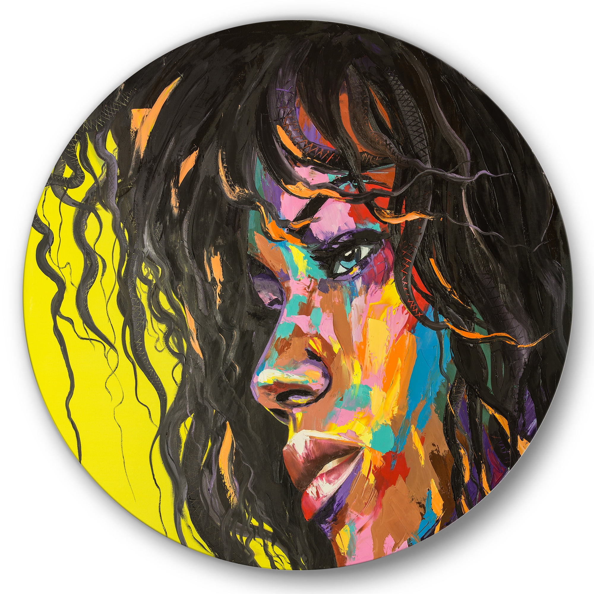 Designart 'Abstract Colorful Fantasy Portrait Of A Young Woman I' Modern Circle Metal Wall Art 23x23 - Disc of 23
