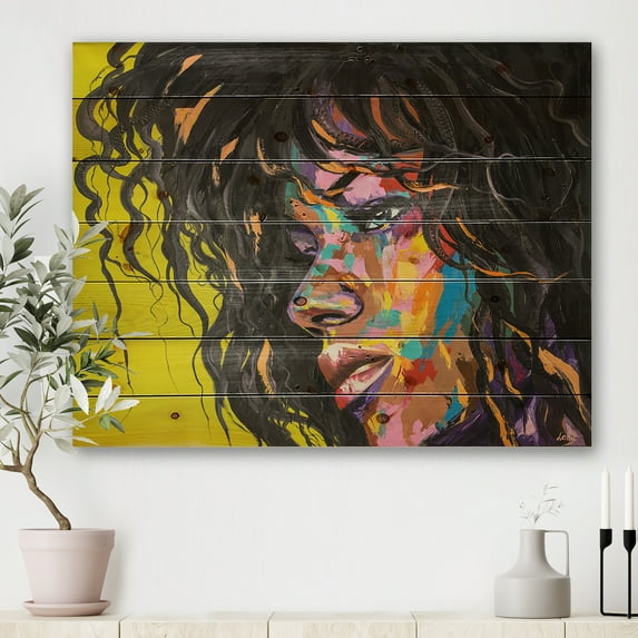 Designart 'Abstract Colorful Fantasy Portrait Of A Young Woman I' Modern Print on Natural Pine Wood