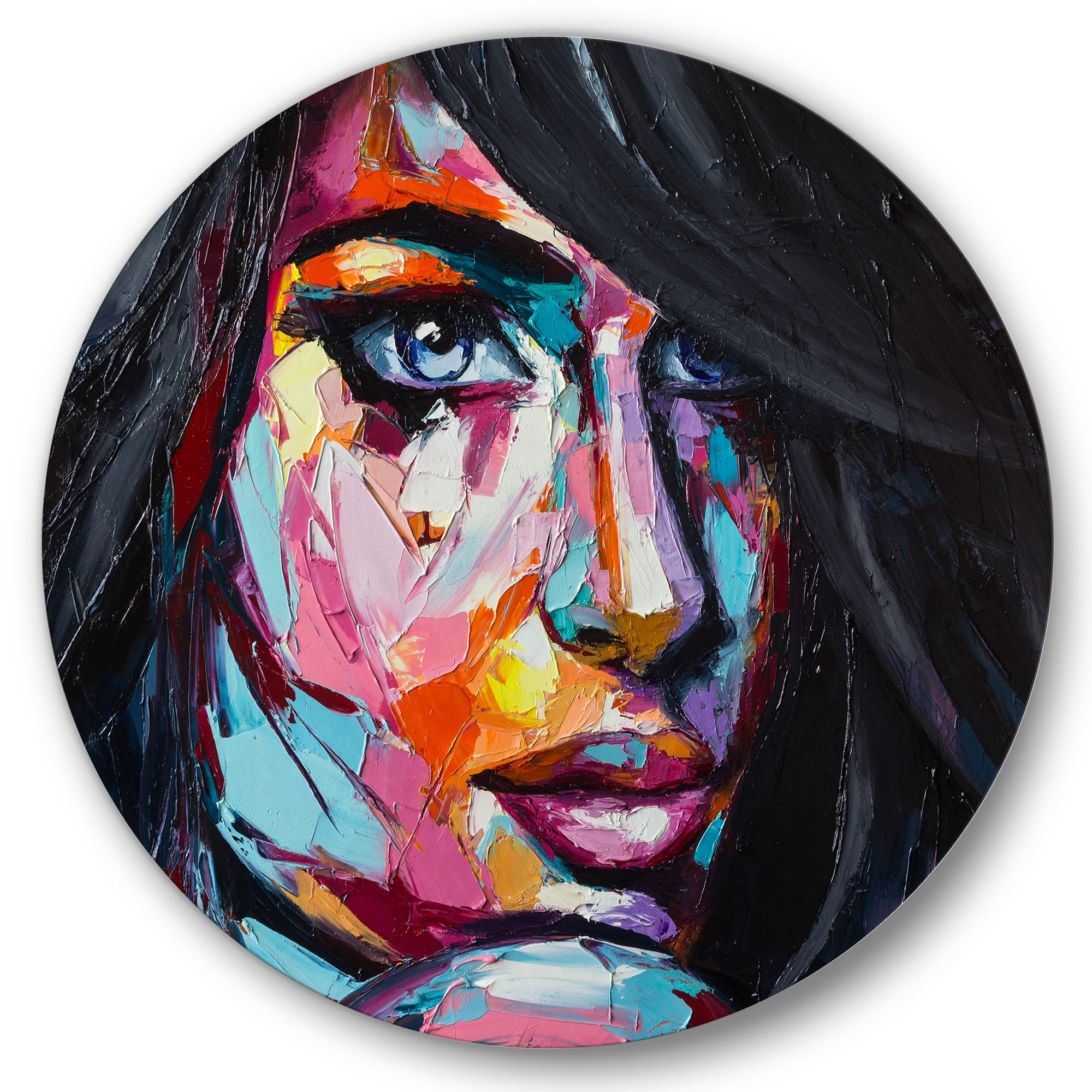 Designart 'Abstract Colorful Fantasy Portrait Of A Young Woman II' Modern Circle Metal Wall Art 11x11 - Disc of 11