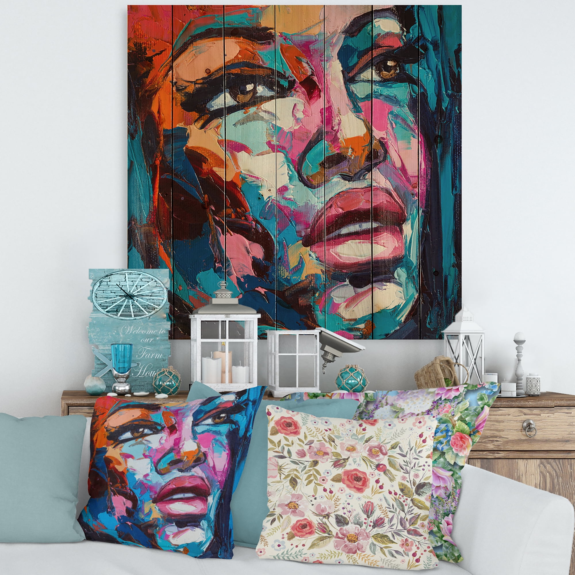 Designart 'Abstract Colorful Fantasy Portrait Of A Young Woman III' Modern Print on Natural Pine Wood