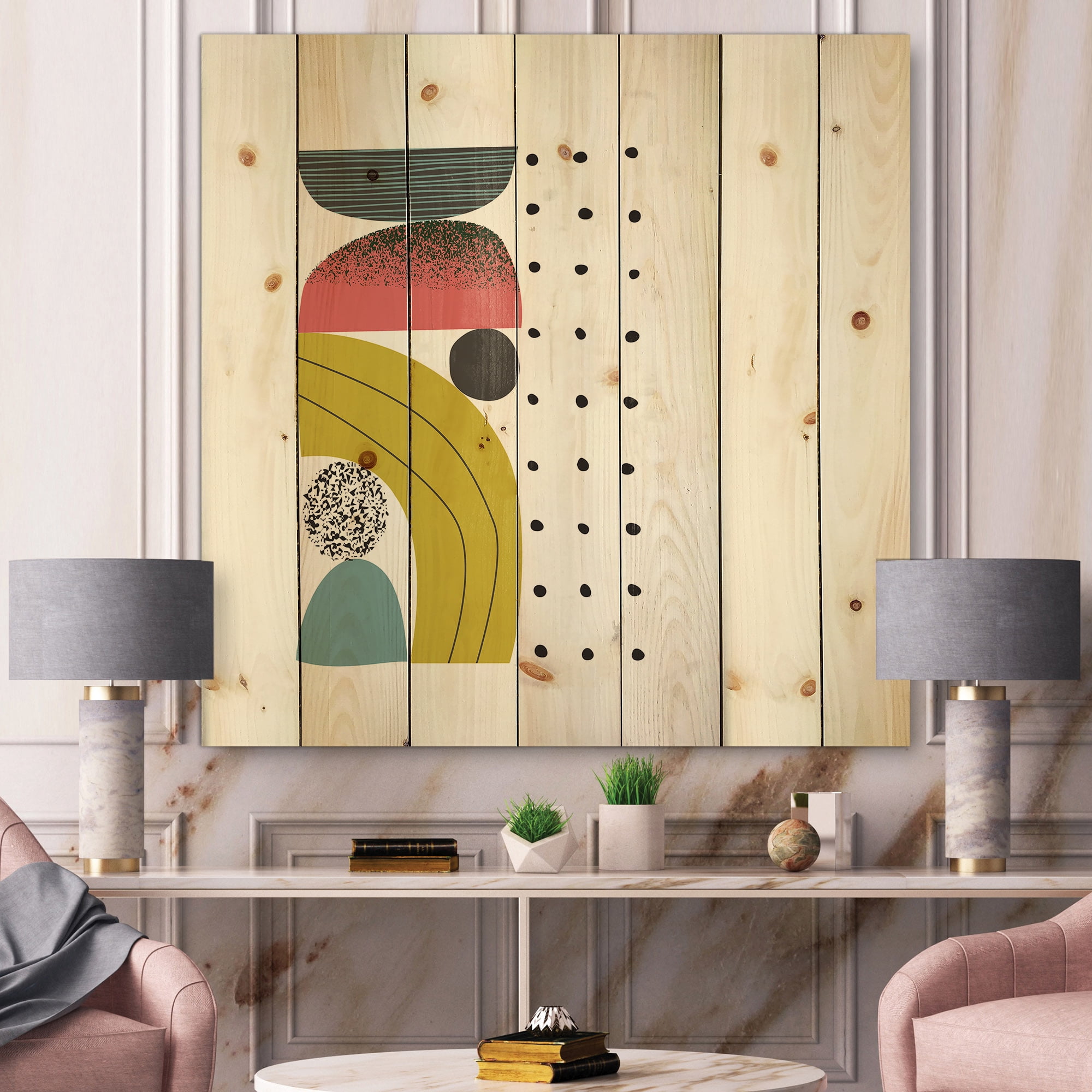 Designart 'Abstract Colorful Geometric Art Collage I' Modern Print on Natural Pine Wood