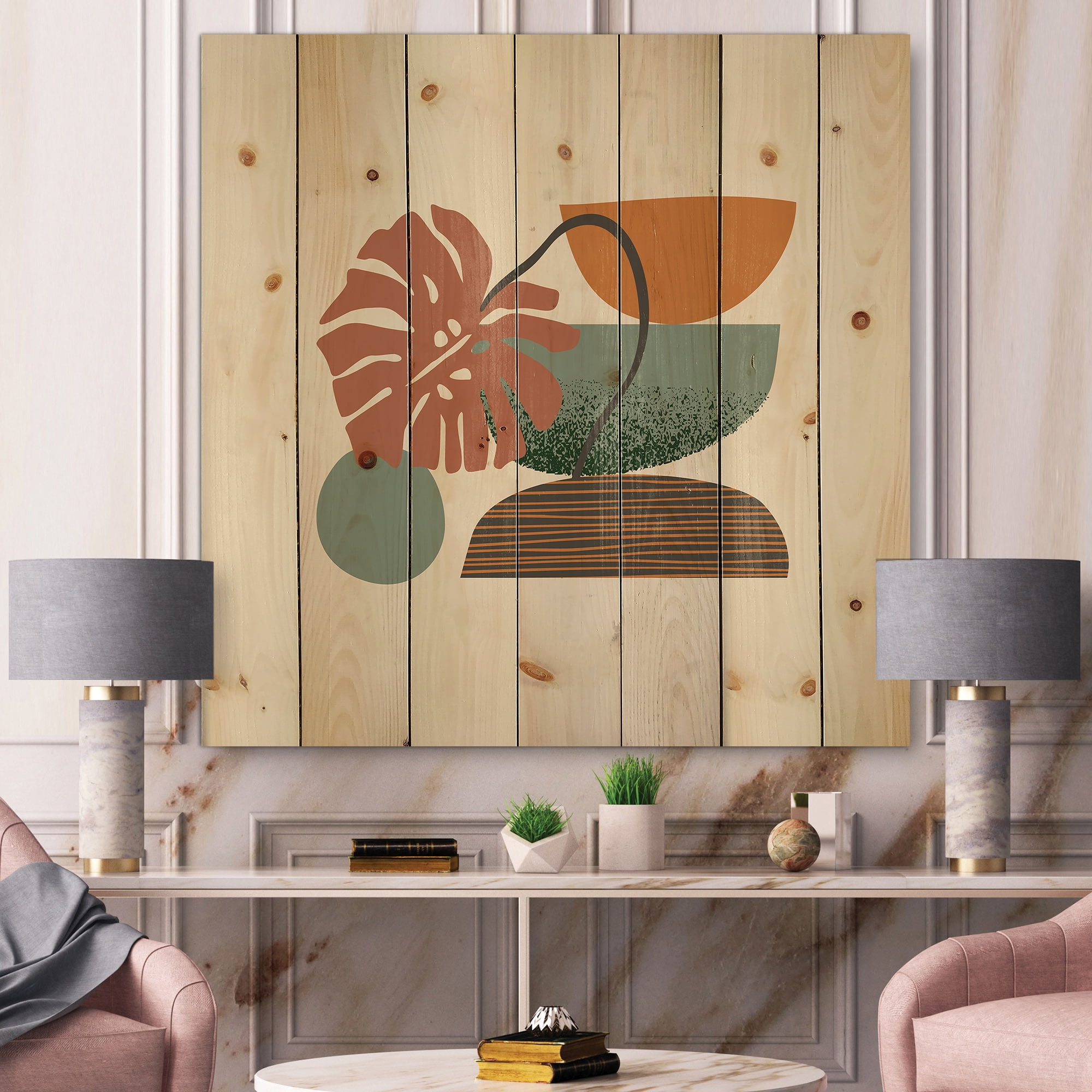 Designart 'Abstract Colorful Geometric Art Collage III' Modern Print on Natural Pine Wood