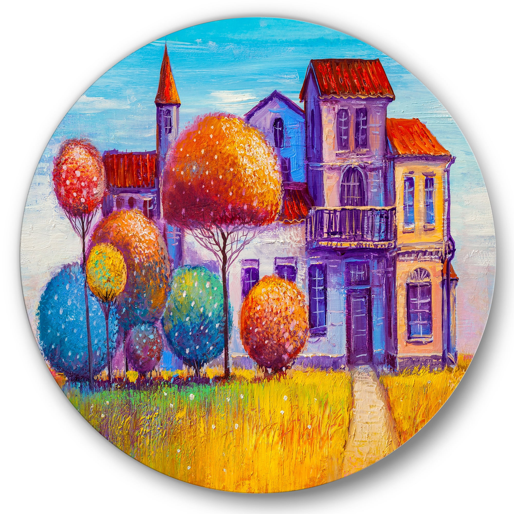 Designart 'Abstract Colorful House In The Fairy Tale VIllage' Traditional Circle Metal Wall Art 29x29 - Disc of 29