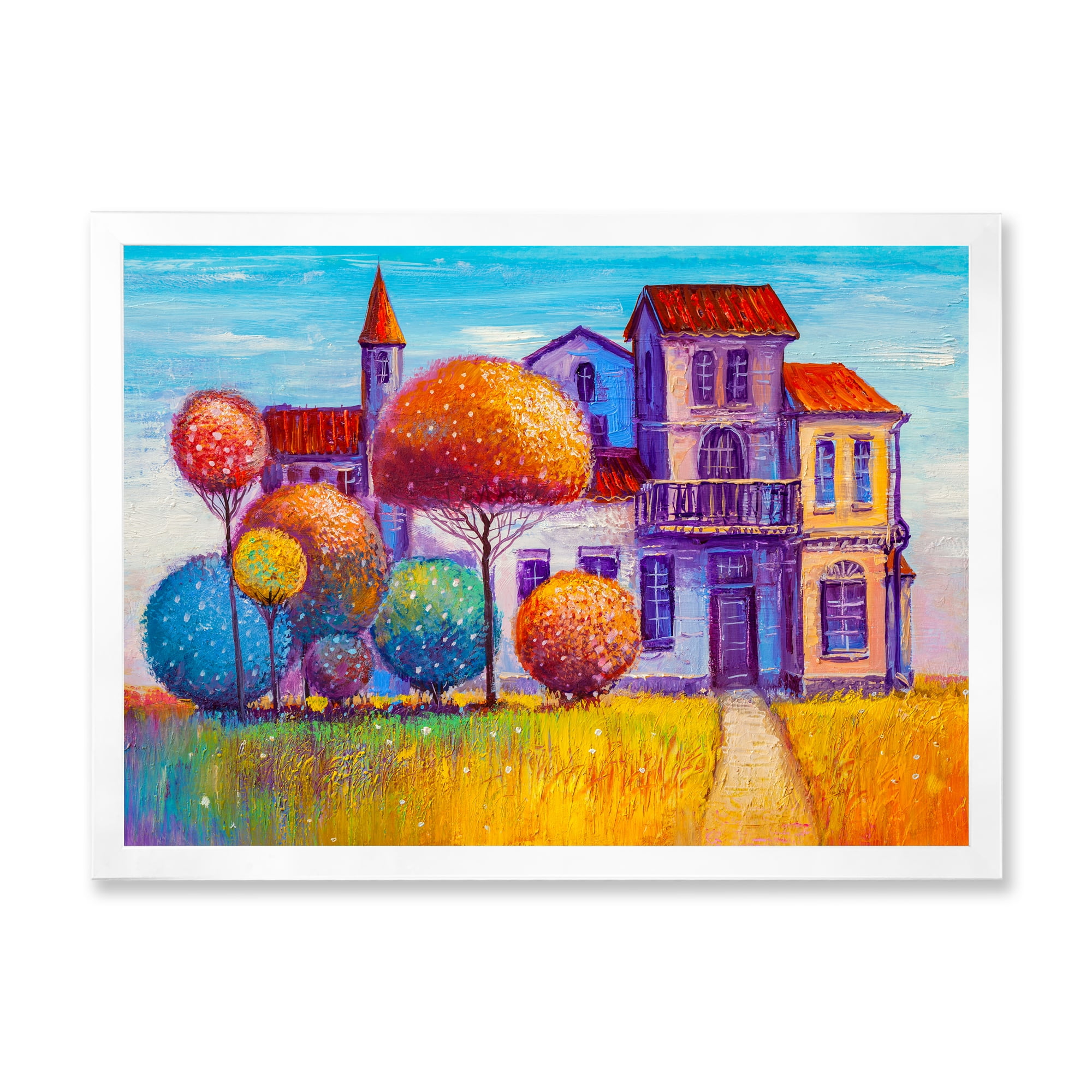 Designart 'Abstract Colorful House In The Fairy Tale VIllage' Traditional Framed Art Print