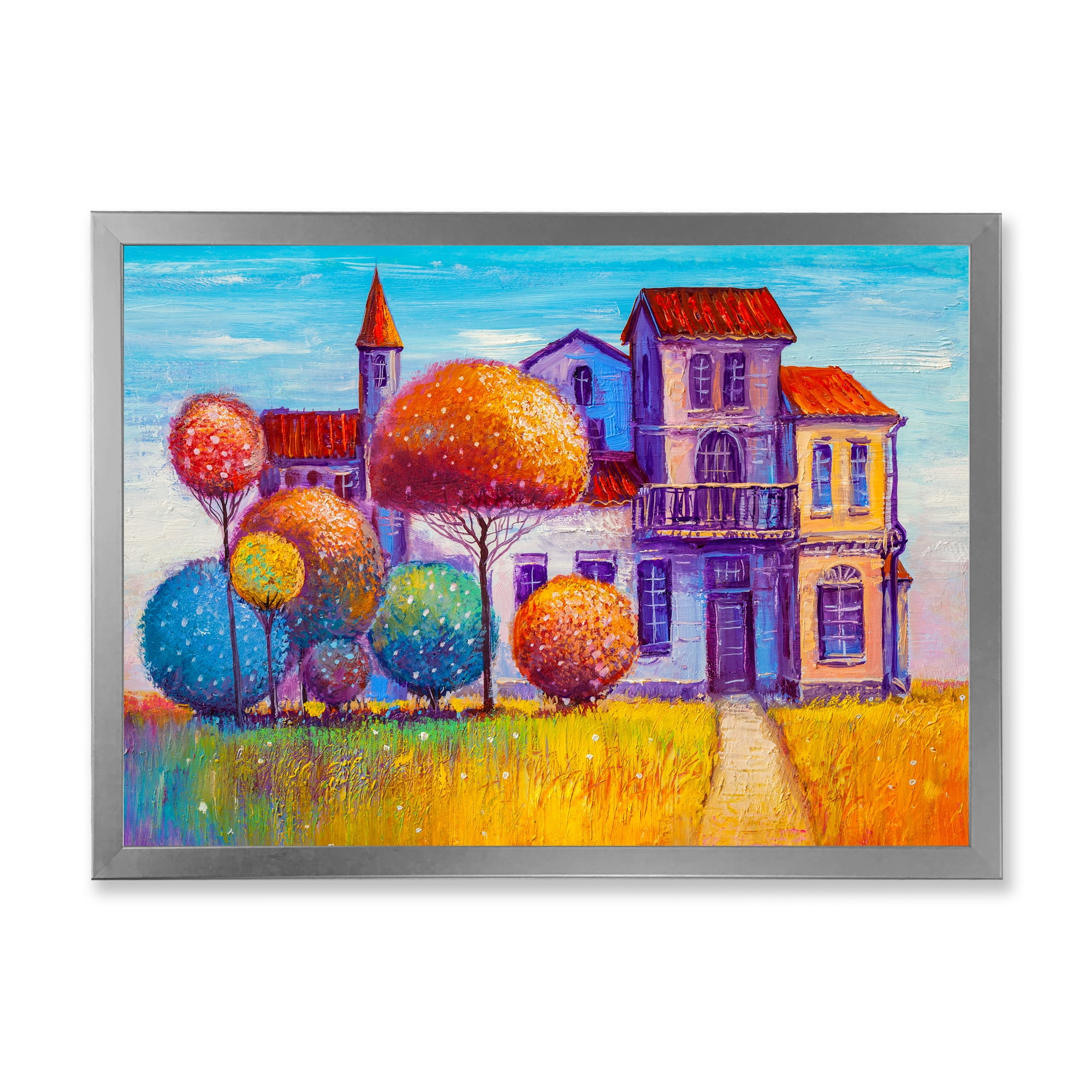 Designart 'Abstract Colorful House In The Fairy Tale VIllage' Traditional Framed Art Print