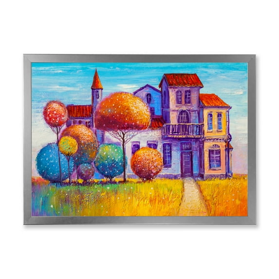 Designart 'Abstract Colorful House In The Fairy Tale VIllage' Traditional Framed Art Print