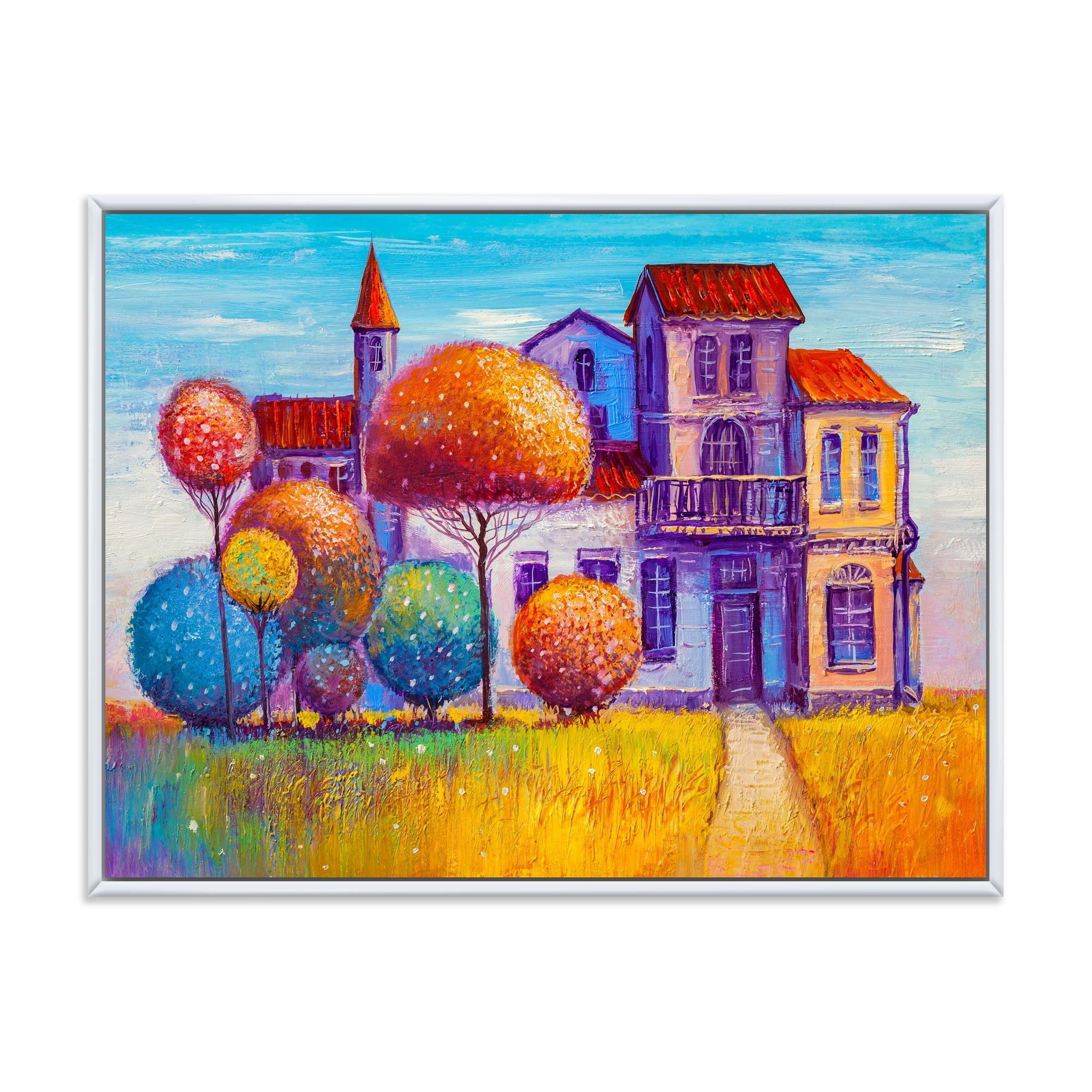 Designart 'Abstract Colorful House In The Fairy Tale VIllage' Traditional Framed Canvas Wall Art Print
