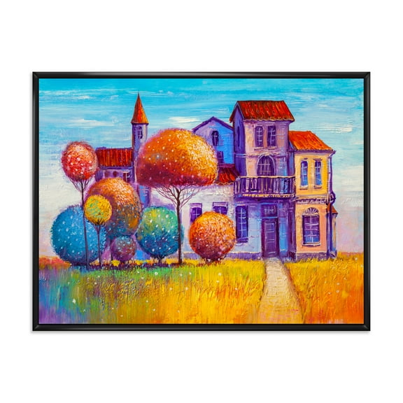 Designart 'Abstract Colorful House In The Fairy Tale VIllage' Traditional Framed Canvas Wall Art Print