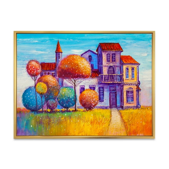 Designart 'Abstract Colorful House In The Fairy Tale VIllage' Traditional Framed Canvas Wall Art Print