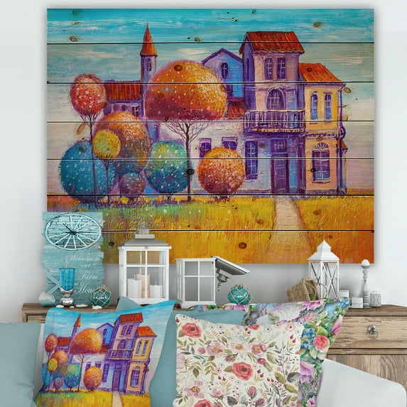 Designart 'Abstract Colorful House In The Fairy Tale VIllage' Traditional Print on Natural Pine Wood