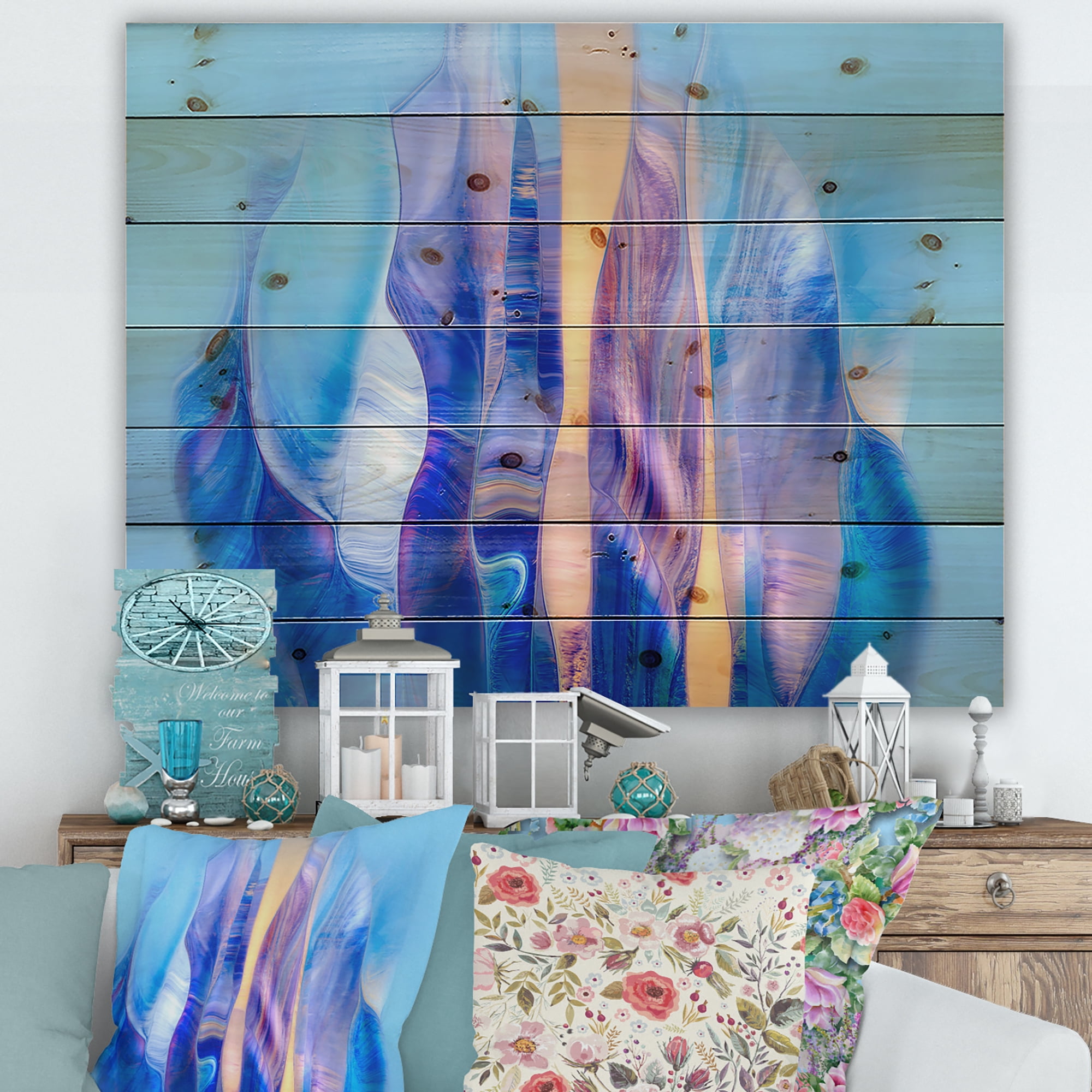 Designart 'Abstract Colorful Twisted Wavy Shape In Motion' Modern Print on Natural Pine Wood