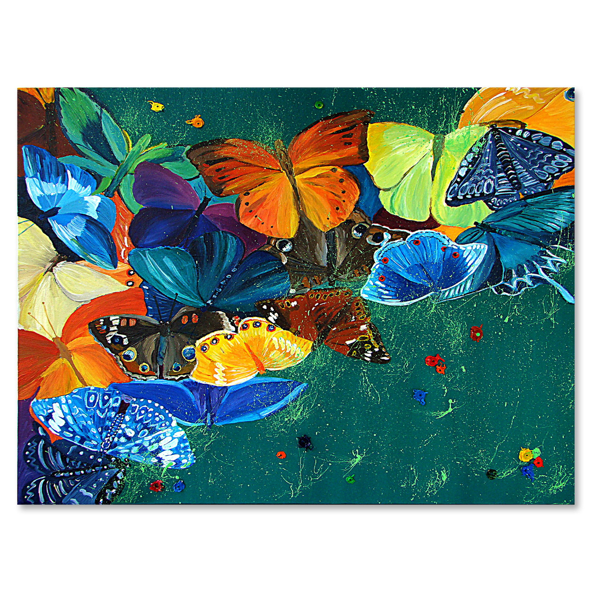 Designart ' Abstract Colour Butterflies On A Gree ' Modern Canvas Wall Art Print