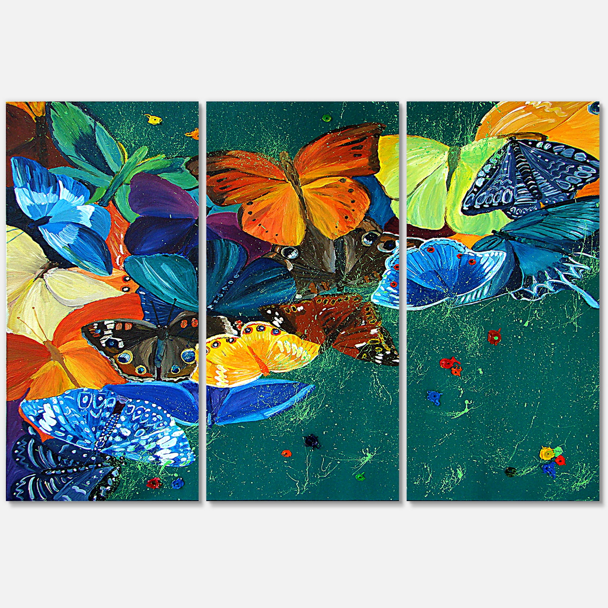 Designart ' Abstract Colour Butterflies On A Gree ' Modern Canvas Wall Art Print
