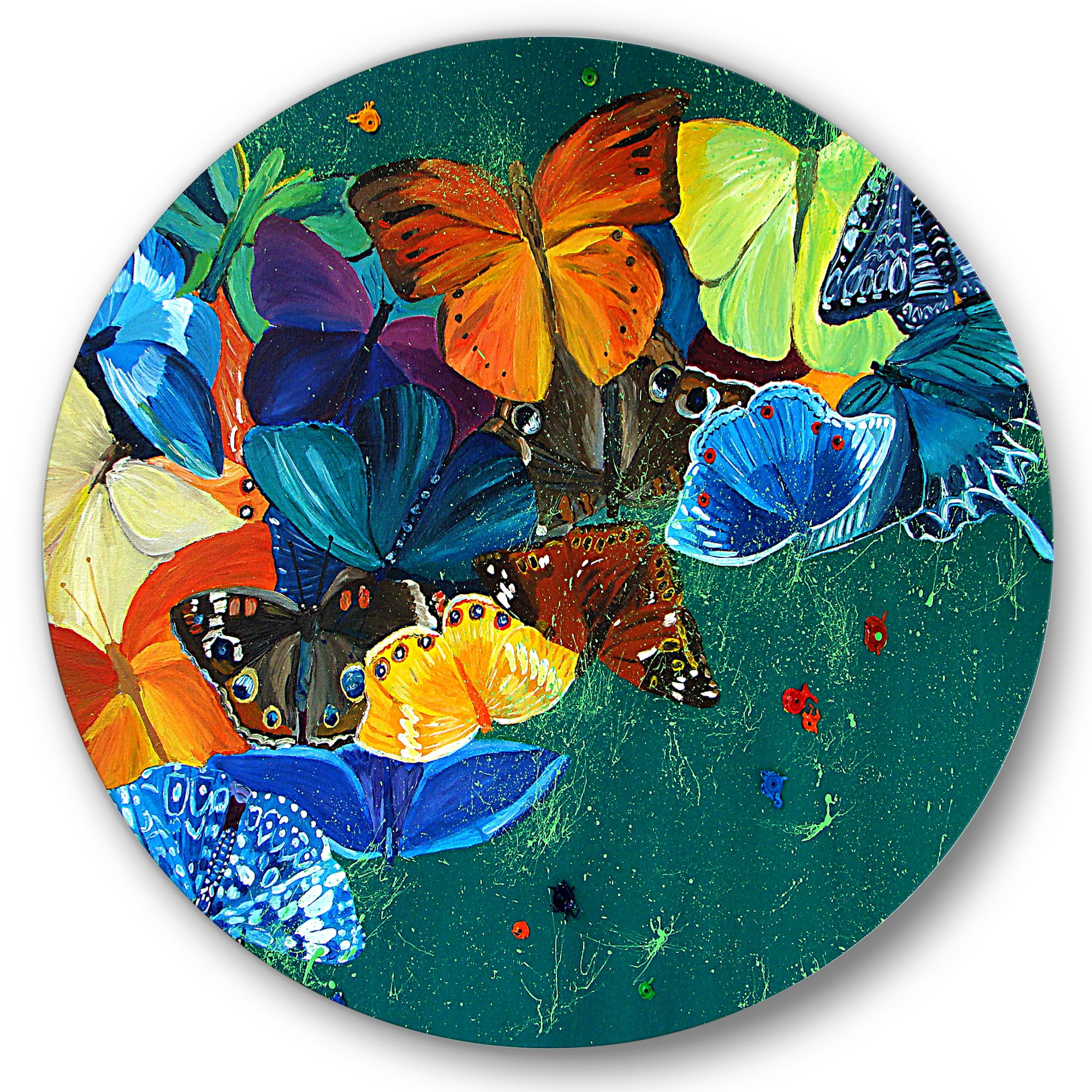 Designart 'Abstract Colour Butterflies On A Gree' Modern Circle Metal Wall Art 11x11 - Disc of 11