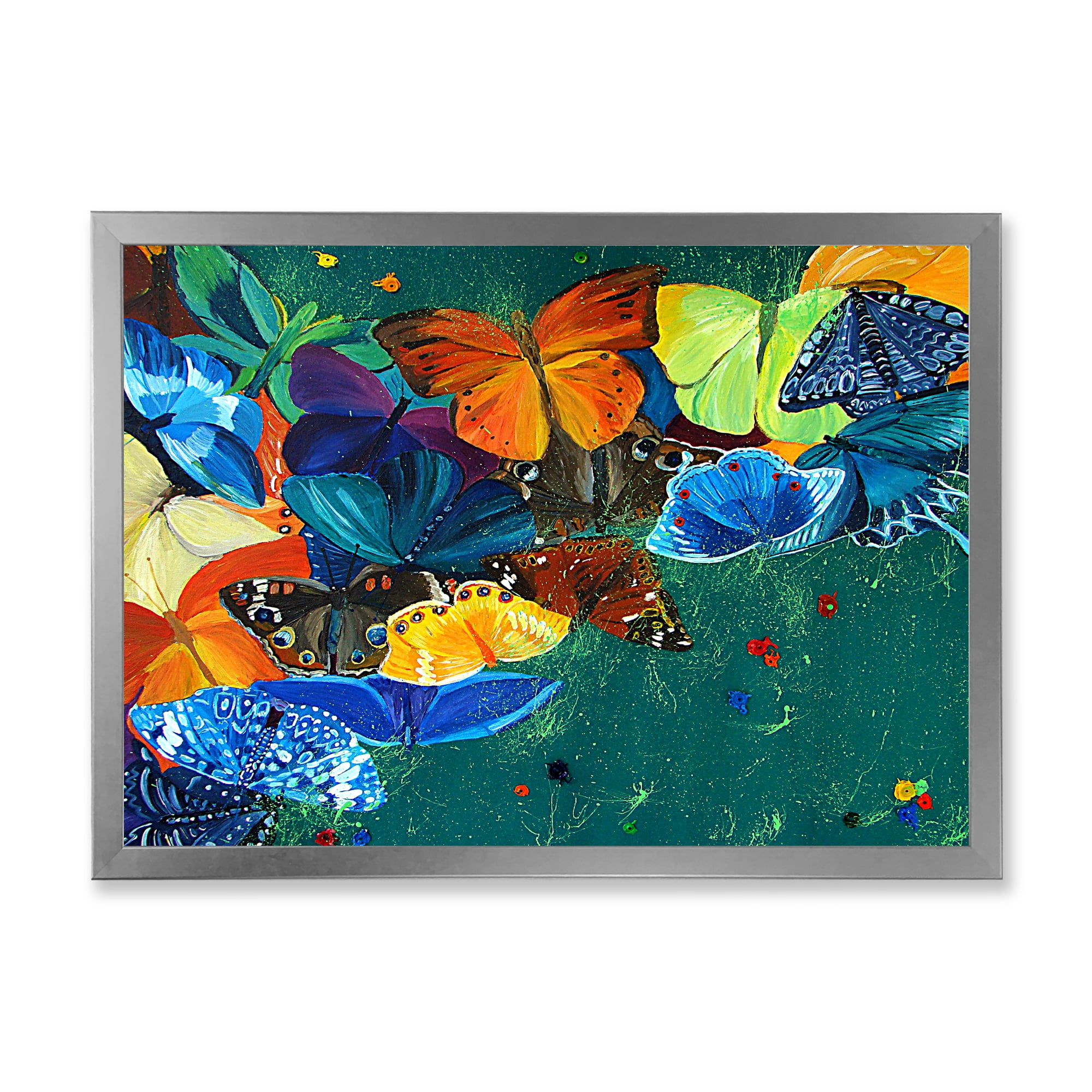 Designart 'Abstract Colour Butterflies On A Gree' Modern Framed Art Print