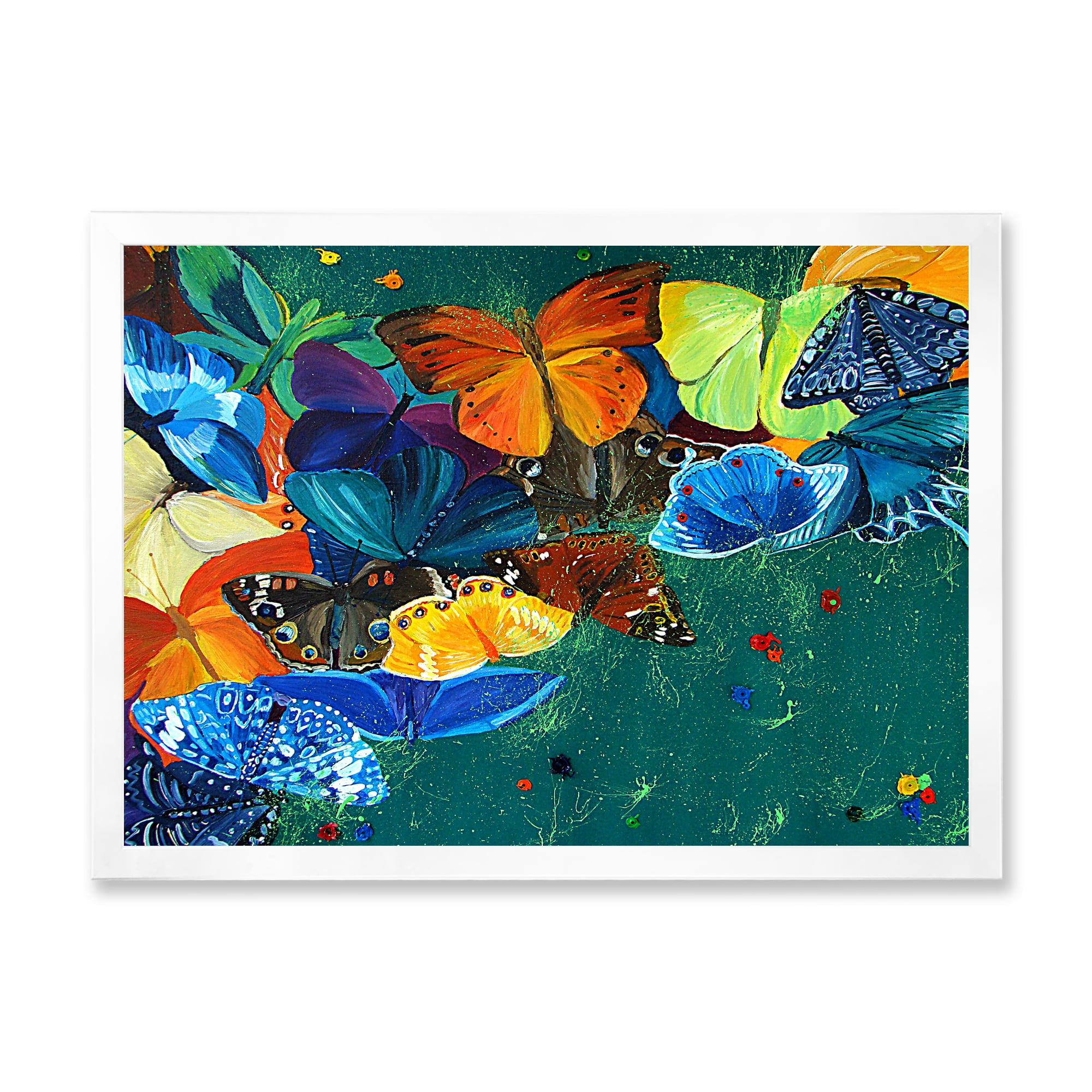 Designart 'Abstract Colour Butterflies On A Gree' Modern Framed Art Print
