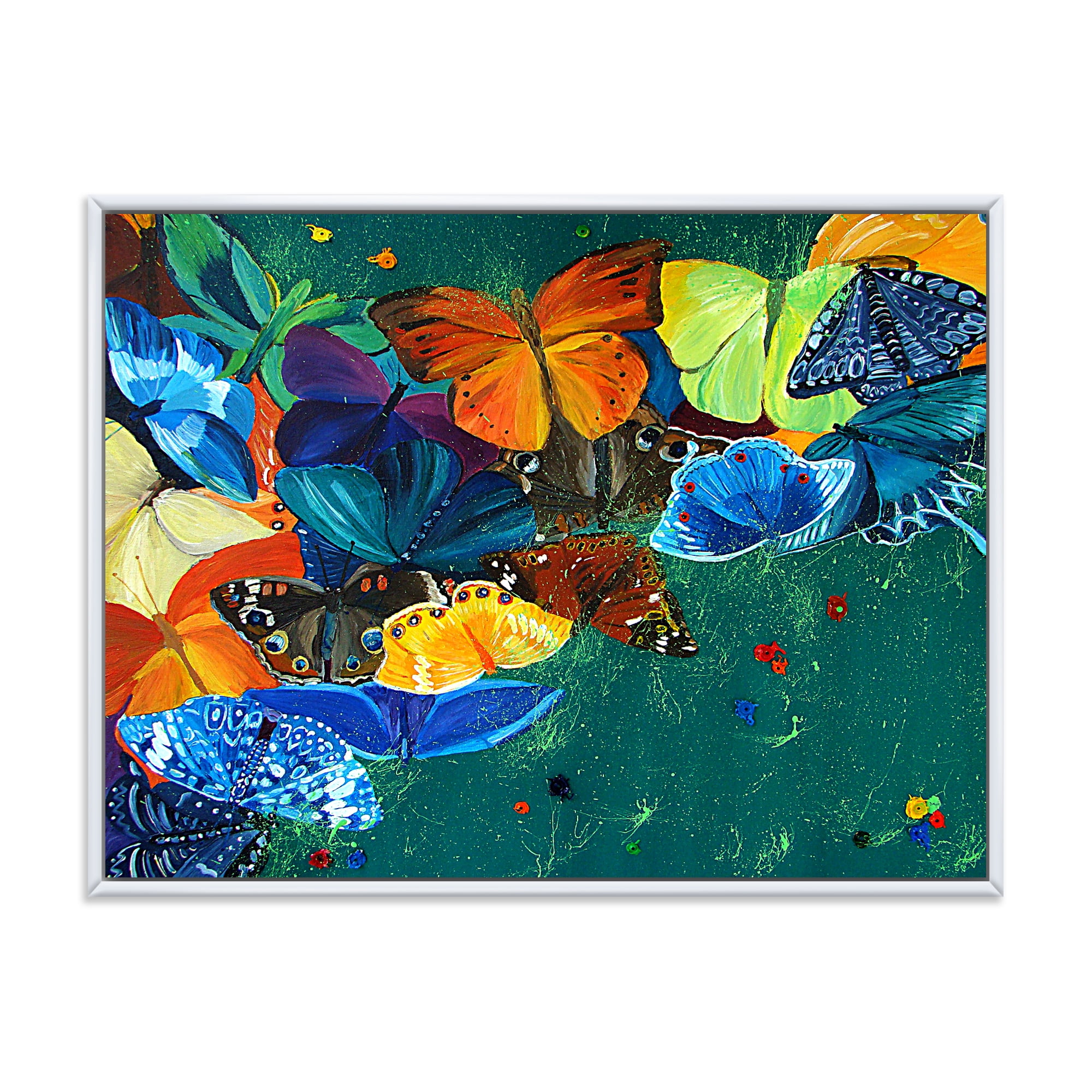 Designart 'Abstract Colour Butterflies On A Gree' Modern Framed Canvas Wall Art Print