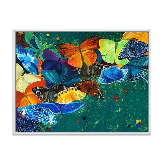 Designart 'Abstract Colour Butterflies On A Gree' Modern Framed Canvas Wall Art Print