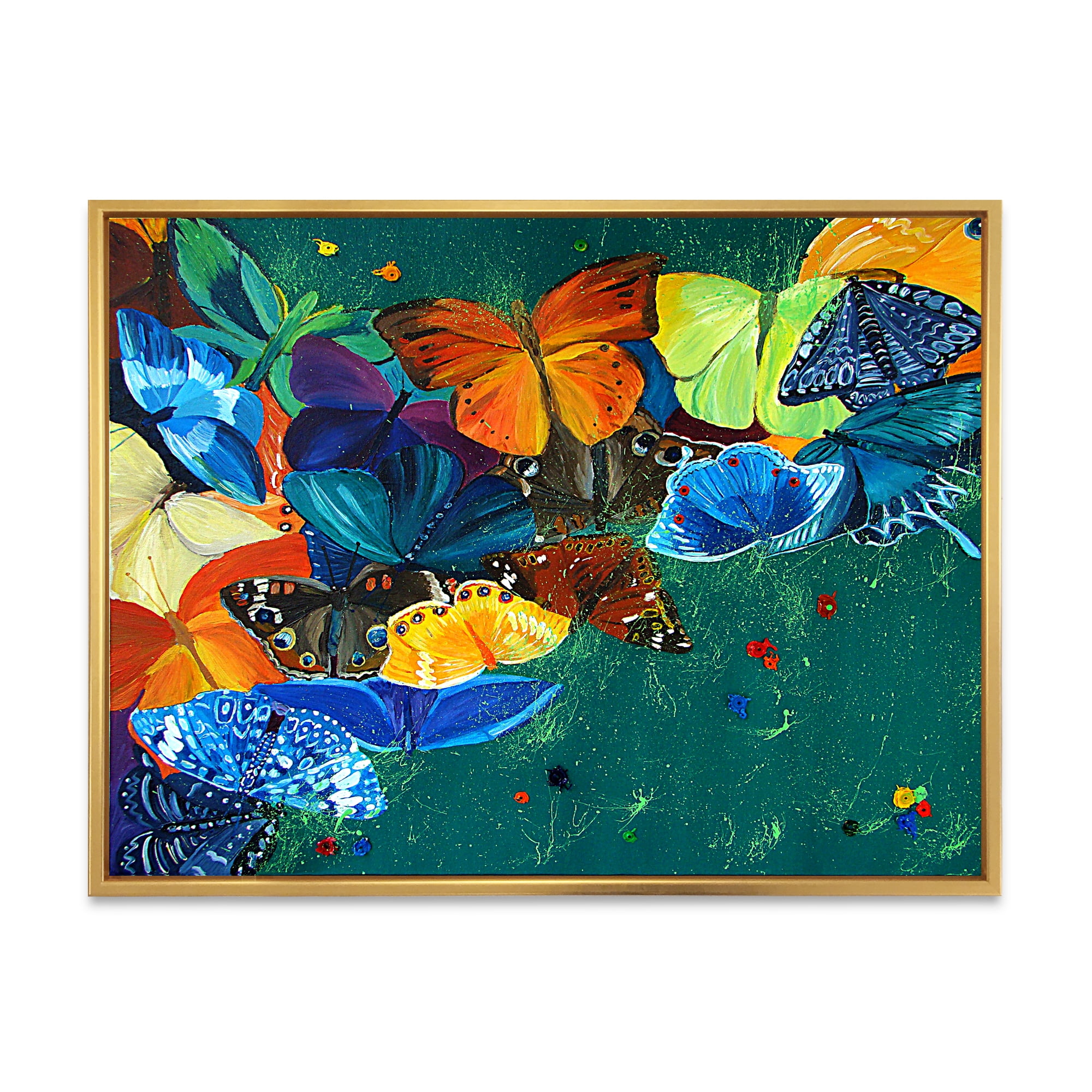 Designart 'Abstract Colour Butterflies On A Gree' Modern Framed Canvas Wall Art Print