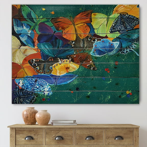 Designart 'Abstract Colour Butterflies On A Gree' Modern Print on Natural Pine Wood