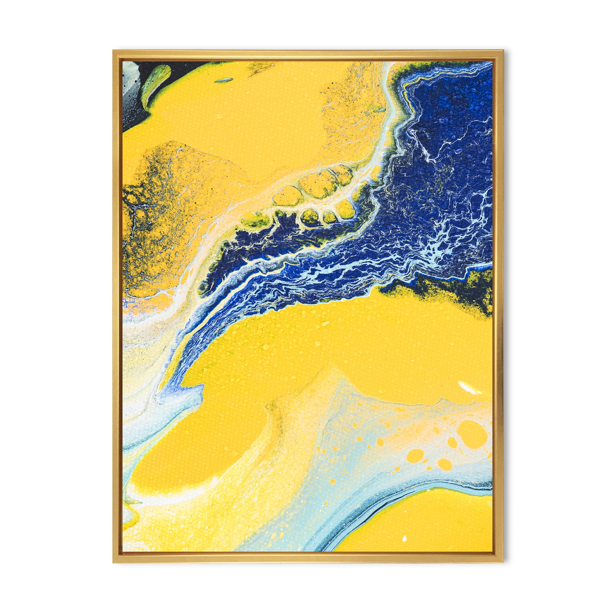 Designart 'Abstract Composition In Blue and Yellow VII' Modern Framed Canvas Wall Art Print