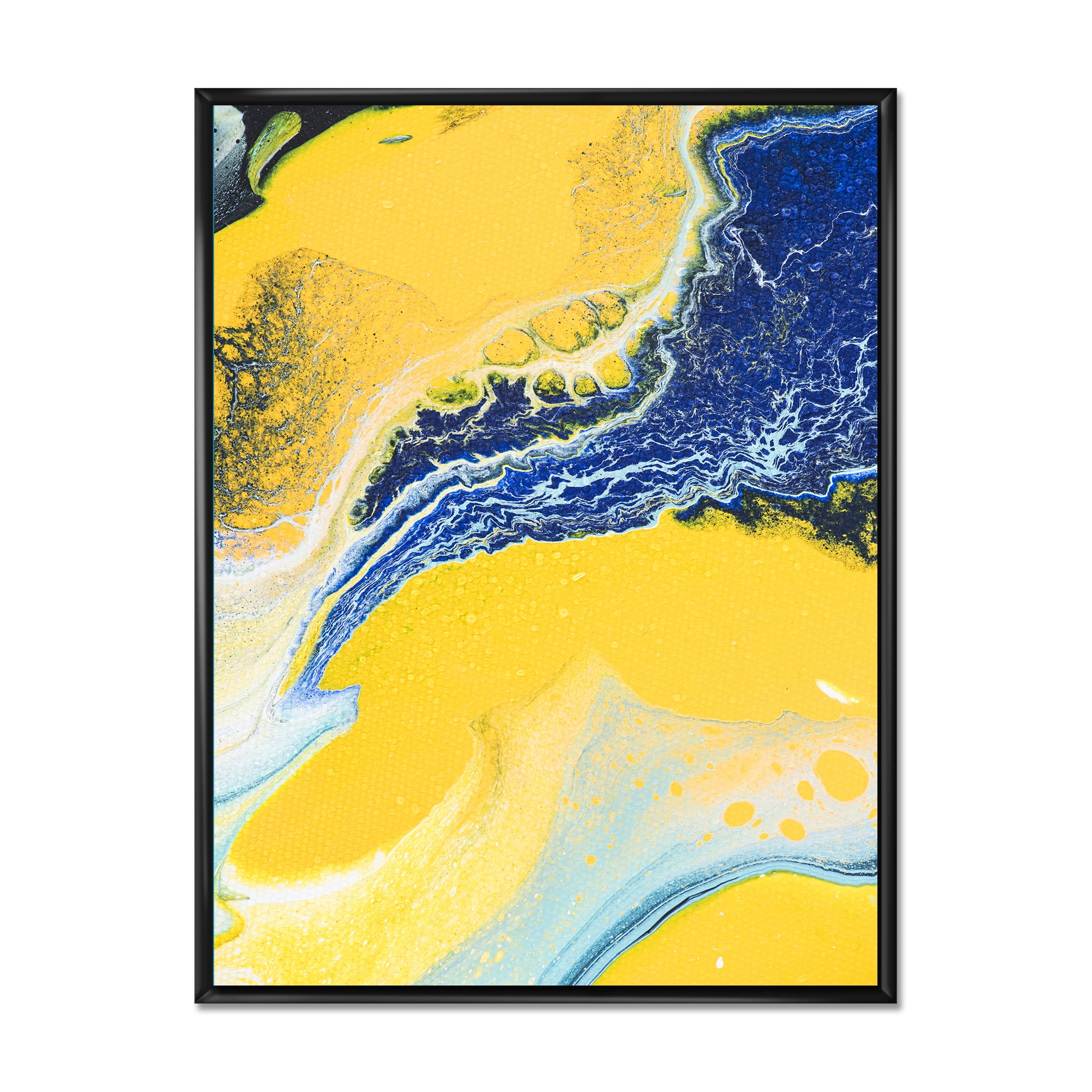 Designart 'Abstract Composition In Blue and Yellow VII' Modern Framed Canvas Wall Art Print