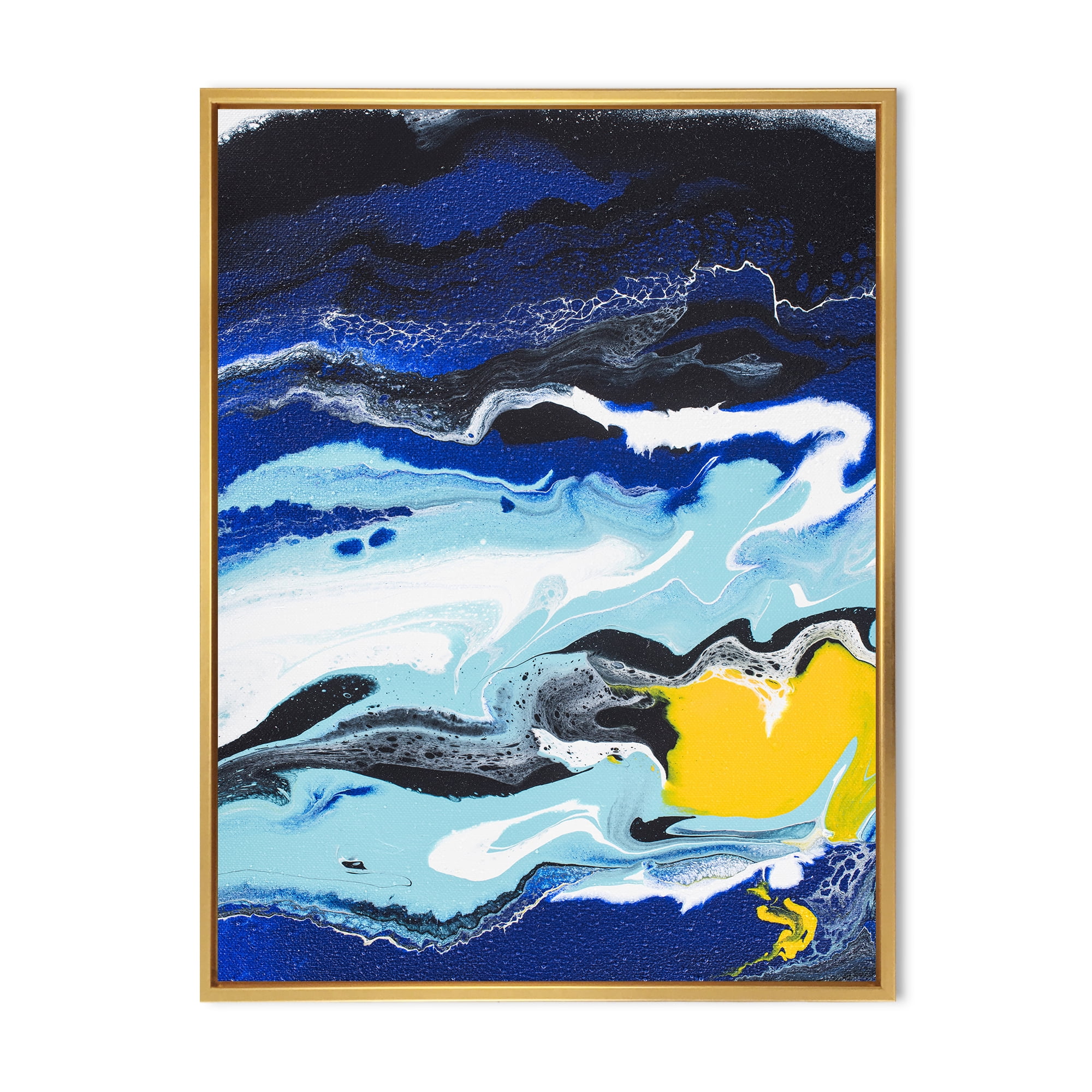 Designart 'Abstract Composition In Blue and Yellow VIII' Modern Framed Canvas Wall Art Print