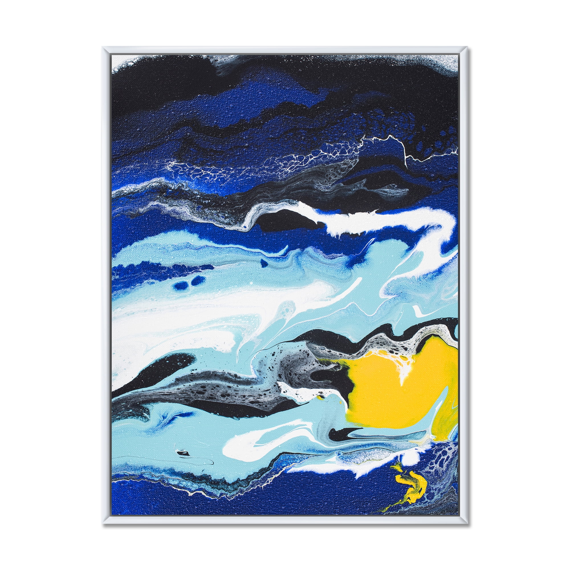 Designart 'Abstract Composition In Blue and Yellow VIII' Modern Framed Canvas Wall Art Print