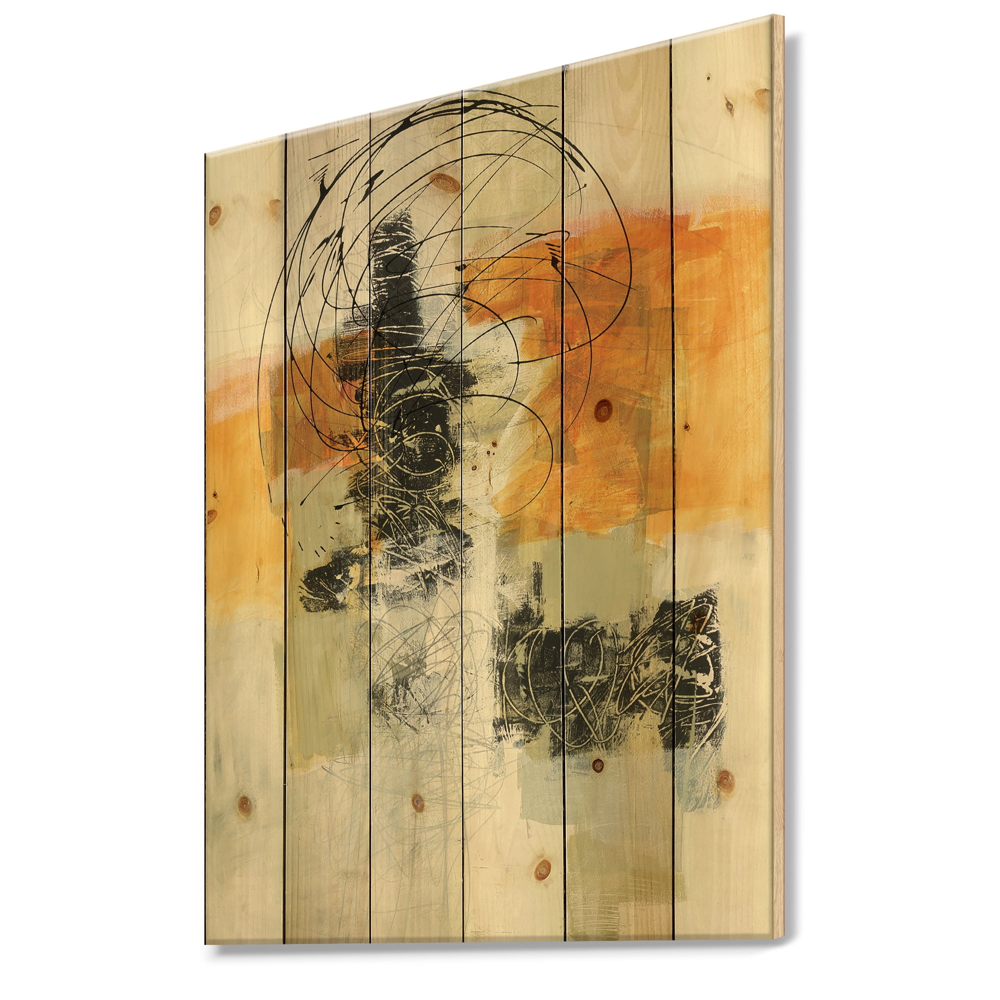 Designart 'Abstract Composition of Glamorous Black and Yellow I' Contemporary Print on Natural Pine Wood