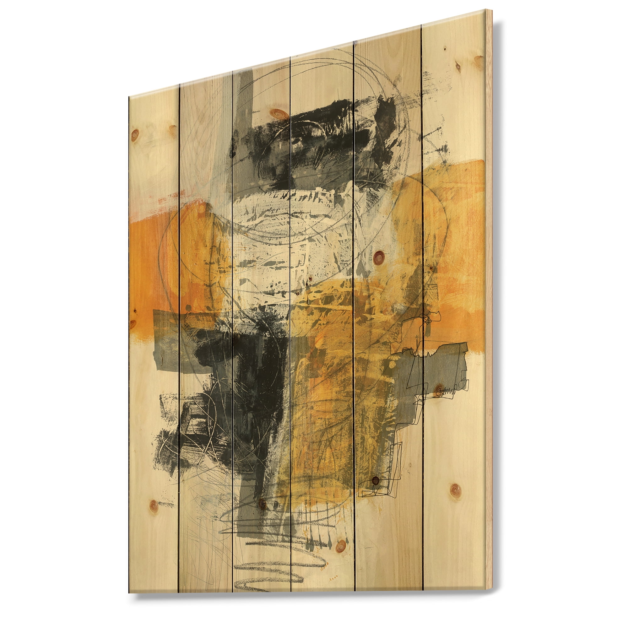 Designart 'Abstract Composition of Glamorous Black and Yellow II' Contemporary Print on Natural Pine Wood